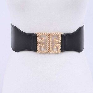 Plus Size Iconic Buckle Stretch Belt Logo Pattern- Black